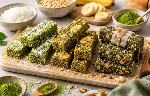 Selbstgemachte Matcha-Riegel in drei Varianten auf einem Holzbrett, garniert mit Matcha-Pulver und Kokosraspeln.