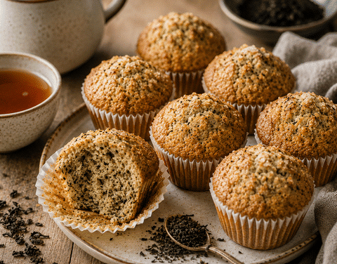Saftige Schwarztee-Muffins mit knusprigem Nuss-Topping neben einer Tasse schwarzem Tee.