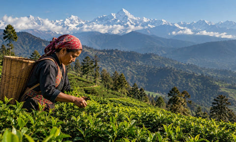 Teepflückerin bei der Ernte von Nepal Tee auf einer grünen Teeplantage im Himalaya mit schneebedeckten Bergen im Hintergrund