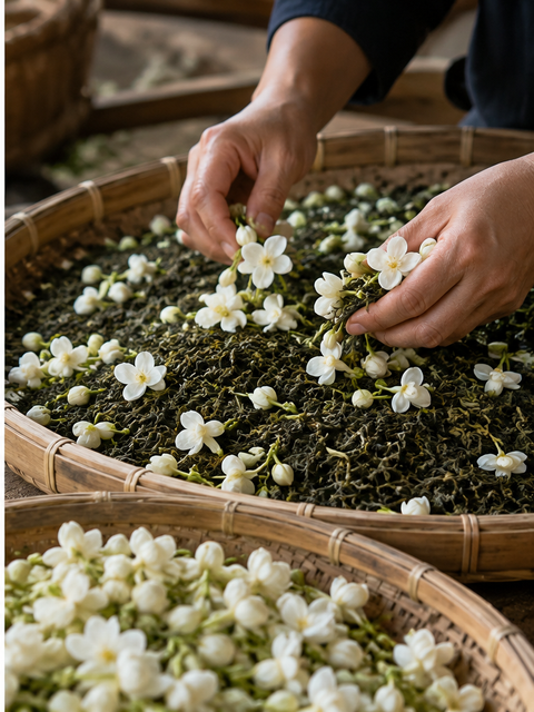 Frische Jasminblüten werden mit grünen Teeblättern vermischt, um Jasmintee auf natürliche Weise zu aromatisieren