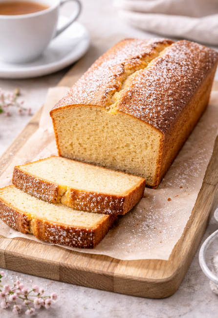Frisch gebackener Rooibos Vanille Kastenkuchen auf einem Holzbrett serviert