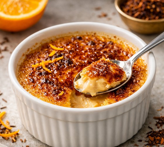 Rooibos Crème Brûlée mit knuspriger Karamellkruste in einem Förmchen, verfeinert mit Orangenabrieb