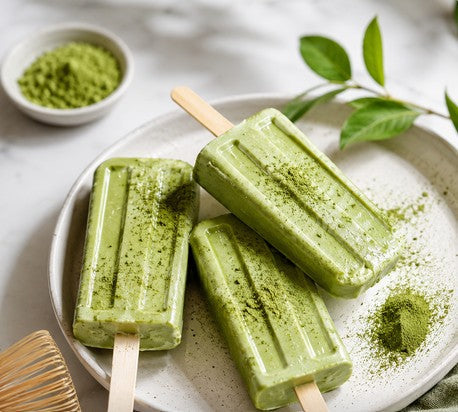 Cremiges Matcha Eis am Stiel mit intensiver grüner Farbe auf hellem Untergrund