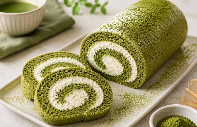 Luftige Matcha Cake Roll mit cremiger Frischkäsefüllung auf einem hellen Teller, bestäubt mit Matcha-Pulver.