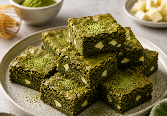 Saftige Matcha Brownies mit weißer Schokolade auf einem hellen Teller
