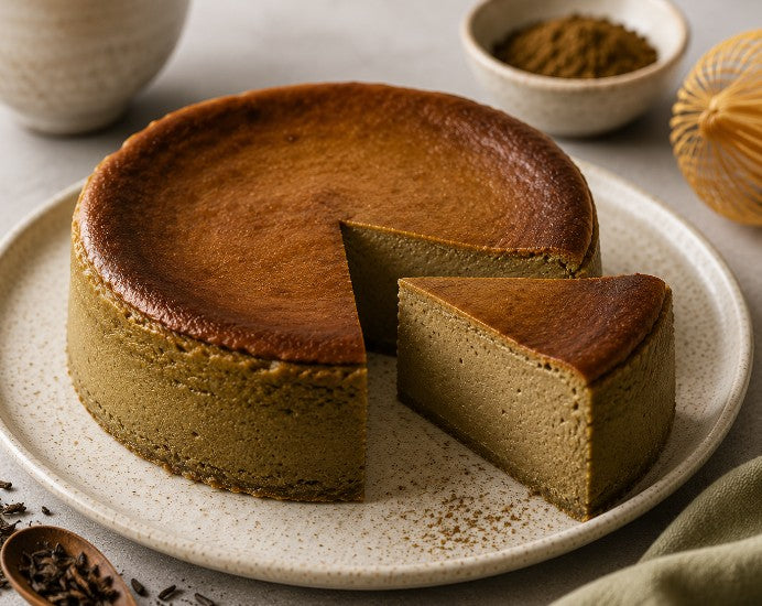 Cremiger Hojicha Cheesecake mit leicht gebräunter Oberfläche auf einer hellen Kuchenplatte.