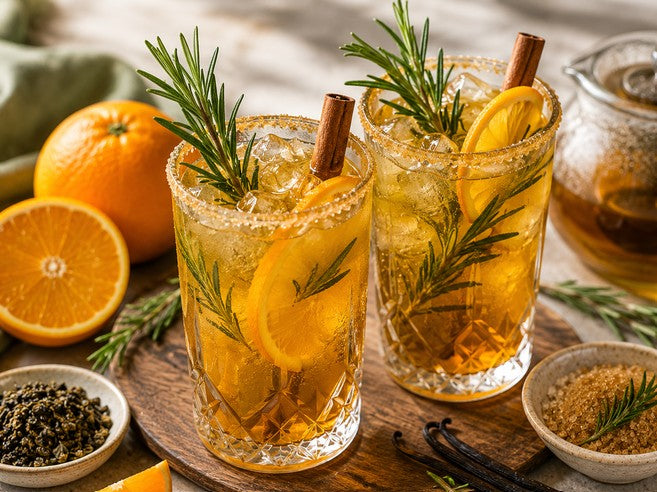 Erfrischender Oolong-Eistee mit Orangenscheiben, Rosmarin und Eiswürfeln in dekorativen Gläsern.