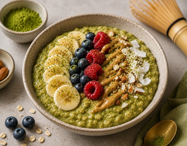 Cremiges grünes Matcha Porridge mit frischen Beeren, Banane, Nüssen und Matcha-Pulver in einer Frühstücksschüssel.