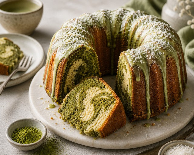 Saftiger Matcha-Kokos-Kuchen mit grünem Marmormuster, Matcha-Guss und Kokosraspeln auf einer hellen Kuchenplatte.