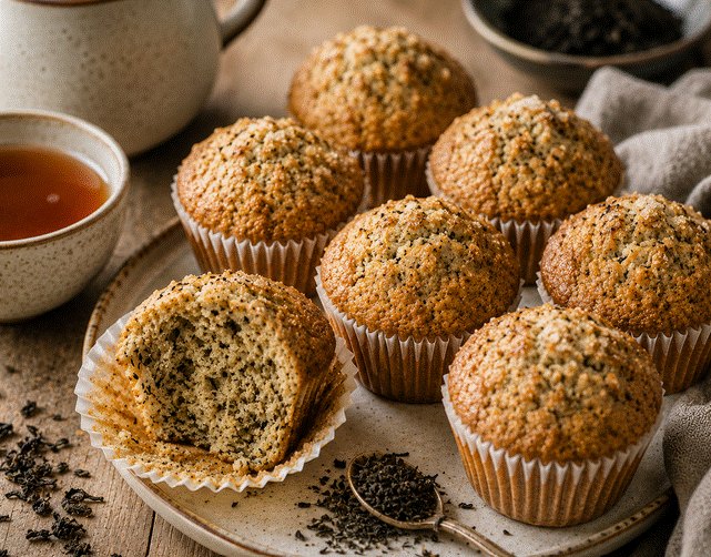 Saftige Schwarztee-Muffins mit knusprigem Nuss-Topping neben einer Tasse schwarzem Tee.