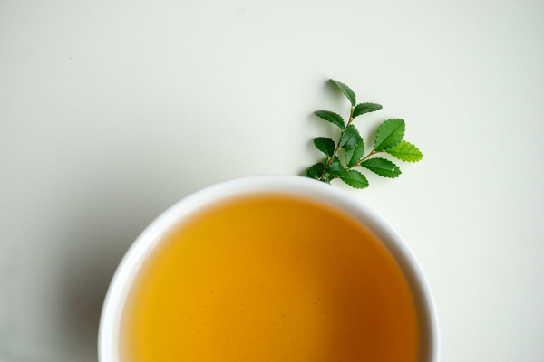 Eine Teetasse mit orange-goldenem Tee.