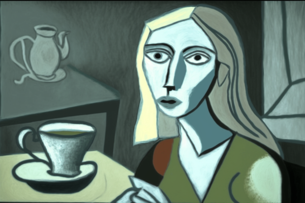 Ein kubistisches Kunstgemälde einer Frau, die eine Tasse Tee in der Hand hält. 